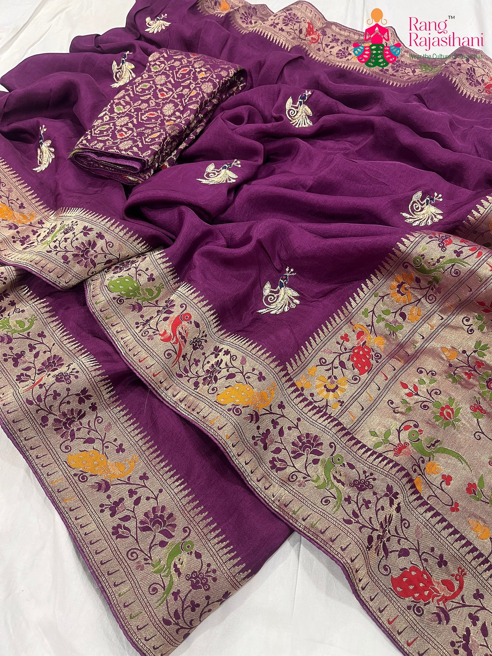 purple pure Russian silk hand saree for wedding guest wear by Rang Rajasthani