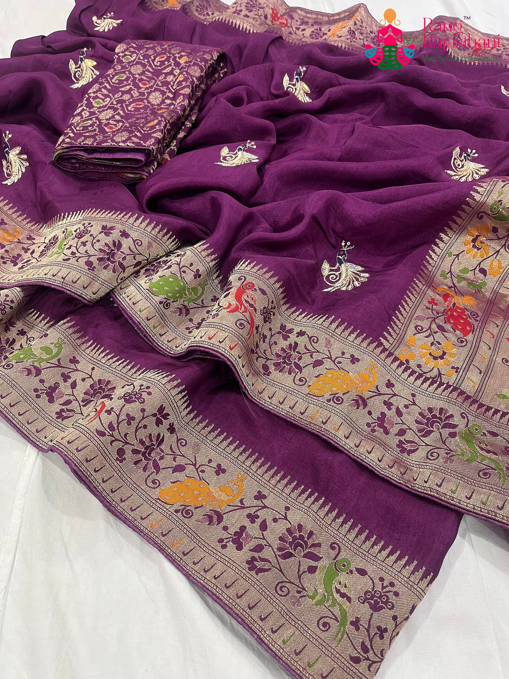 close up detailing of purple pure Russian silk hand saree 