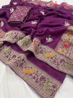 close up detailing of purple pure Russian silk hand saree 