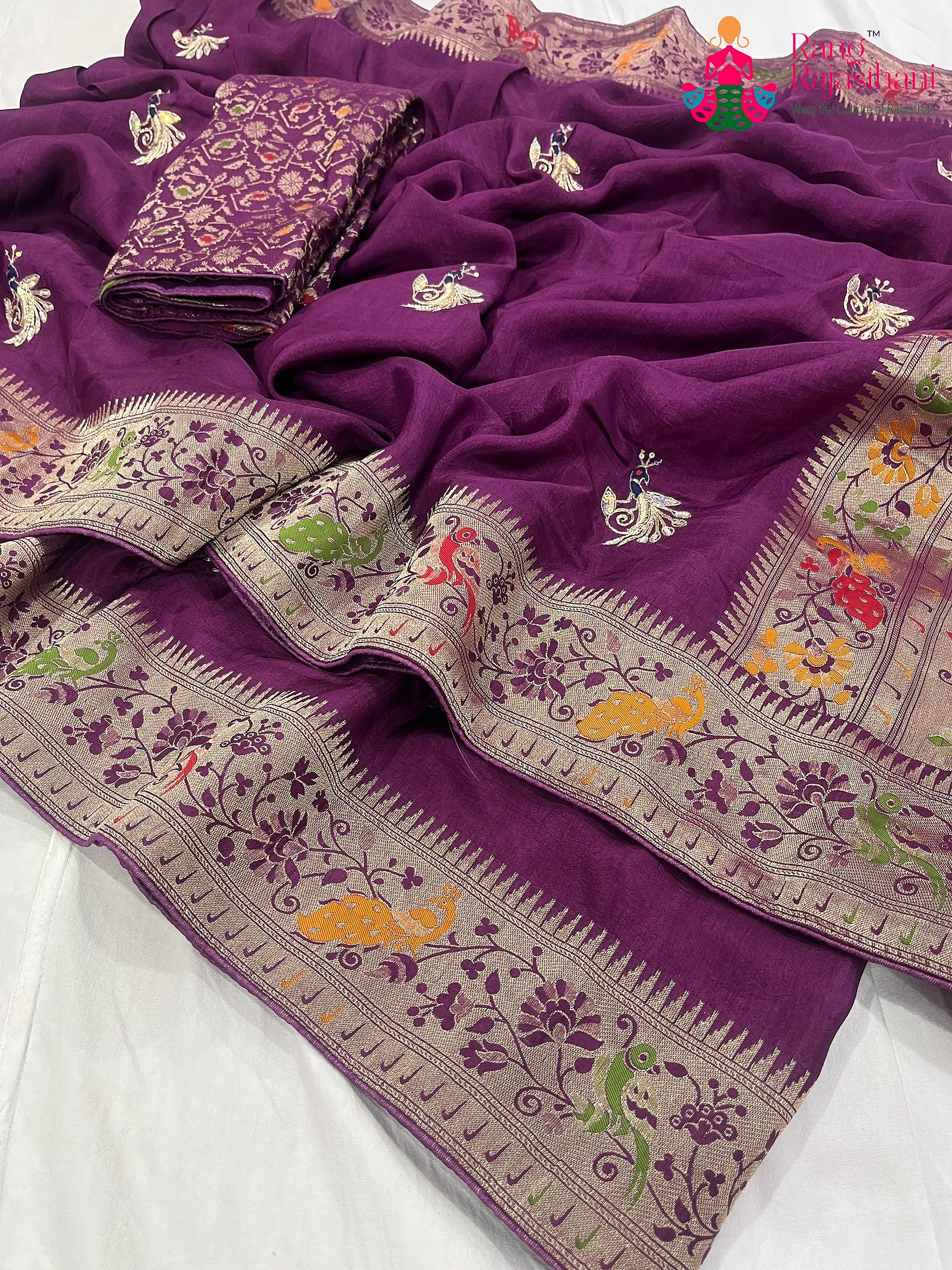 close up detailing of purple pure Russian silk hand saree 