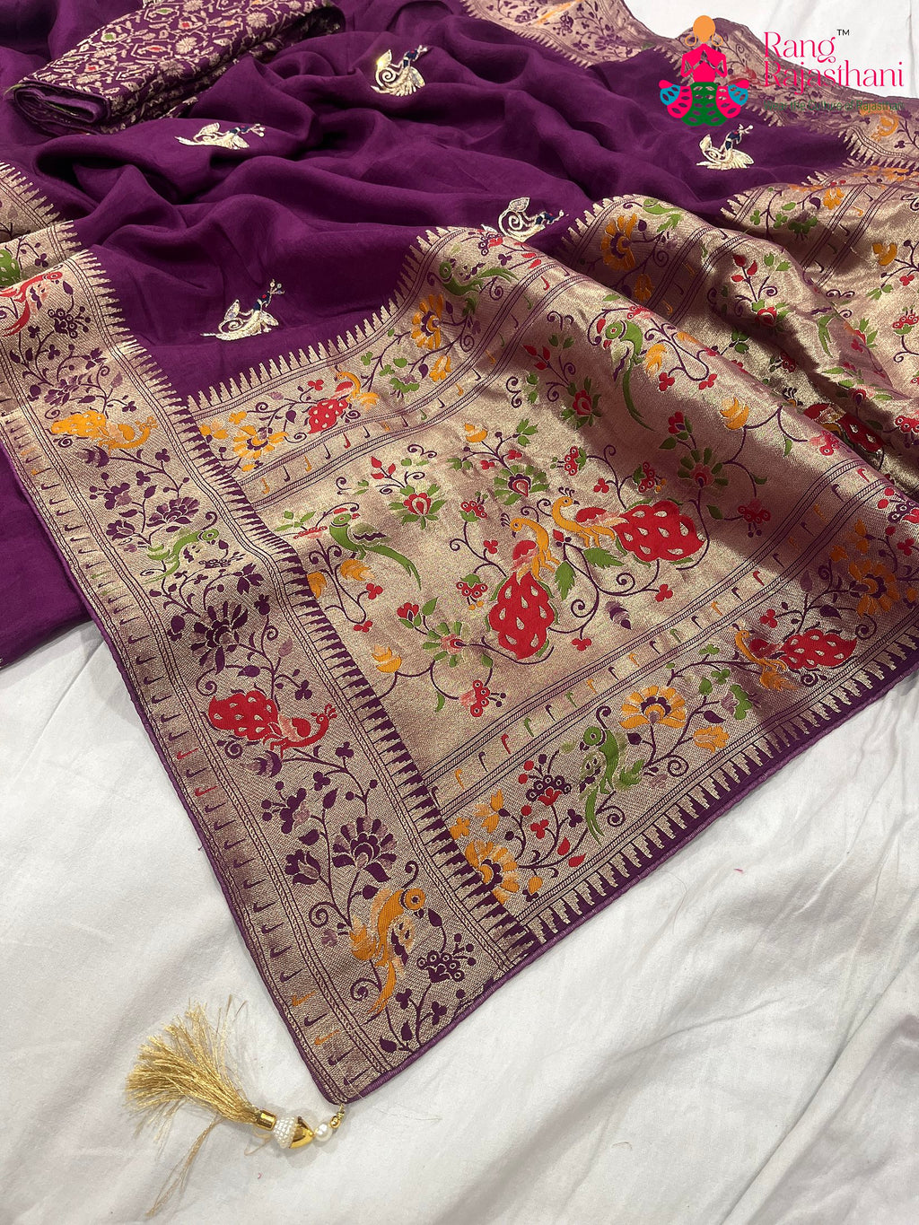pallu detailing of purple pure Russian silk hand saree 