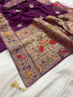 pallu detailing of purple pure Russian silk hand saree 