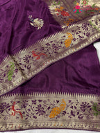 close up view of purple pure russsian silk hand saree