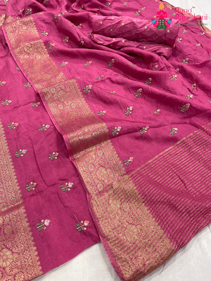 Purple Pure Russian Silk Resham Embroidery Saree for Mehendi Ceremony | Flowy Edit