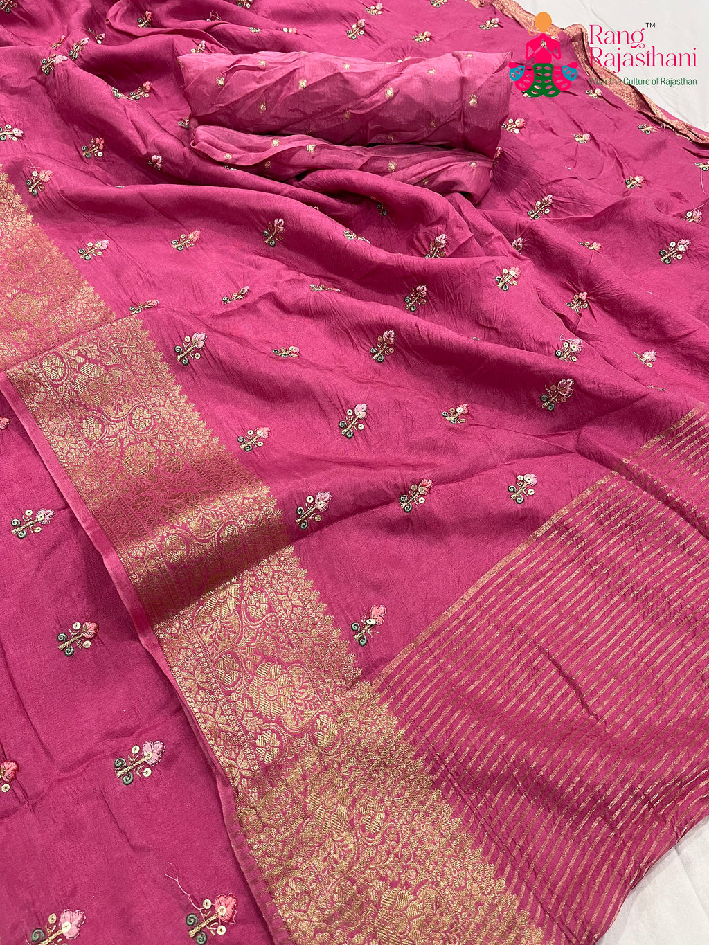 pallu detailing of purple pure Russian silk resham embroidery saree 