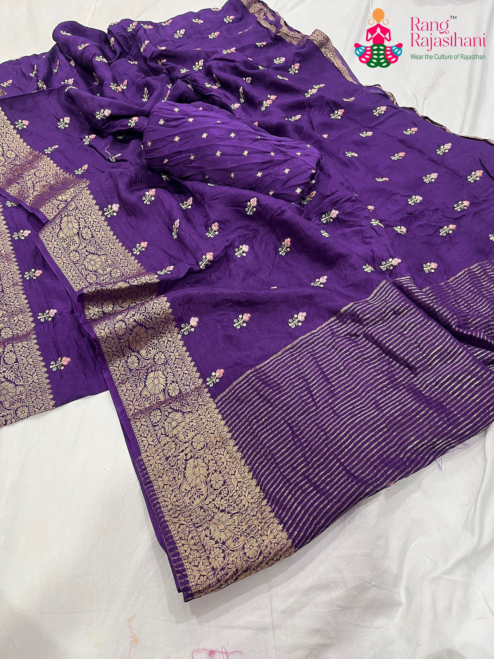 pallu detailing of purple pure Russian silk resham embroidery saree 