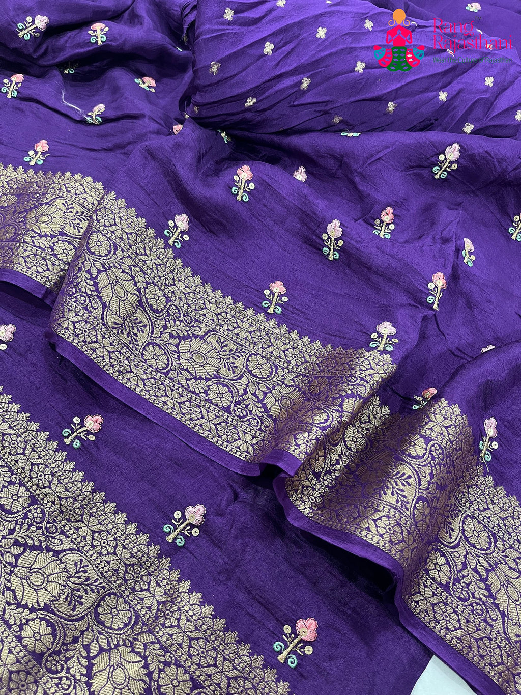 close up detailing of purple pure Russian silk resham embroidery saree 
