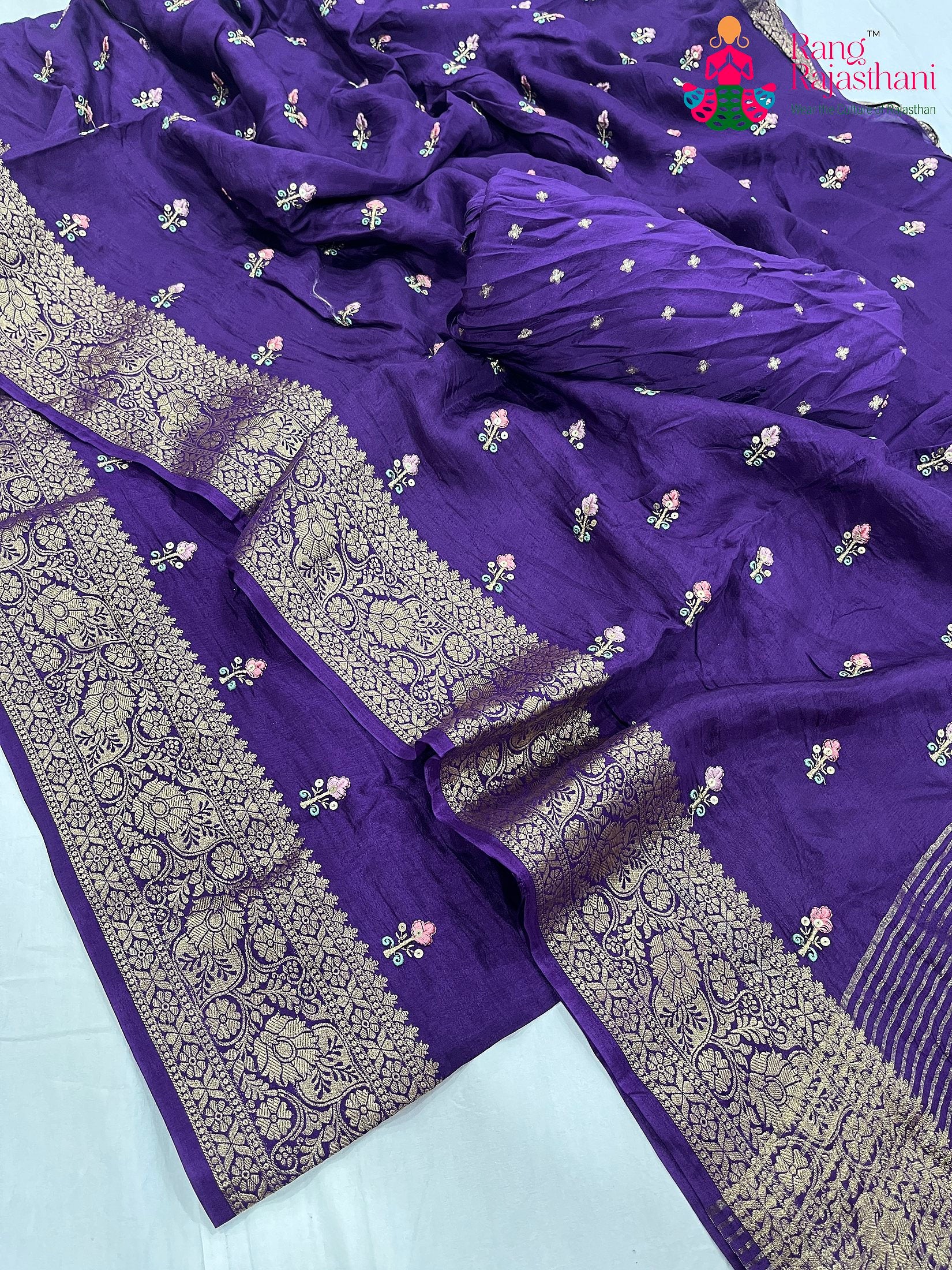 purple pure Russian silk resham embroidery saree for wedding guest wear by Rang Rajasthani