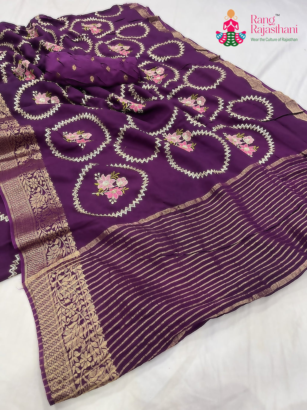 complete look of purple pure Russian silk sequin saree 