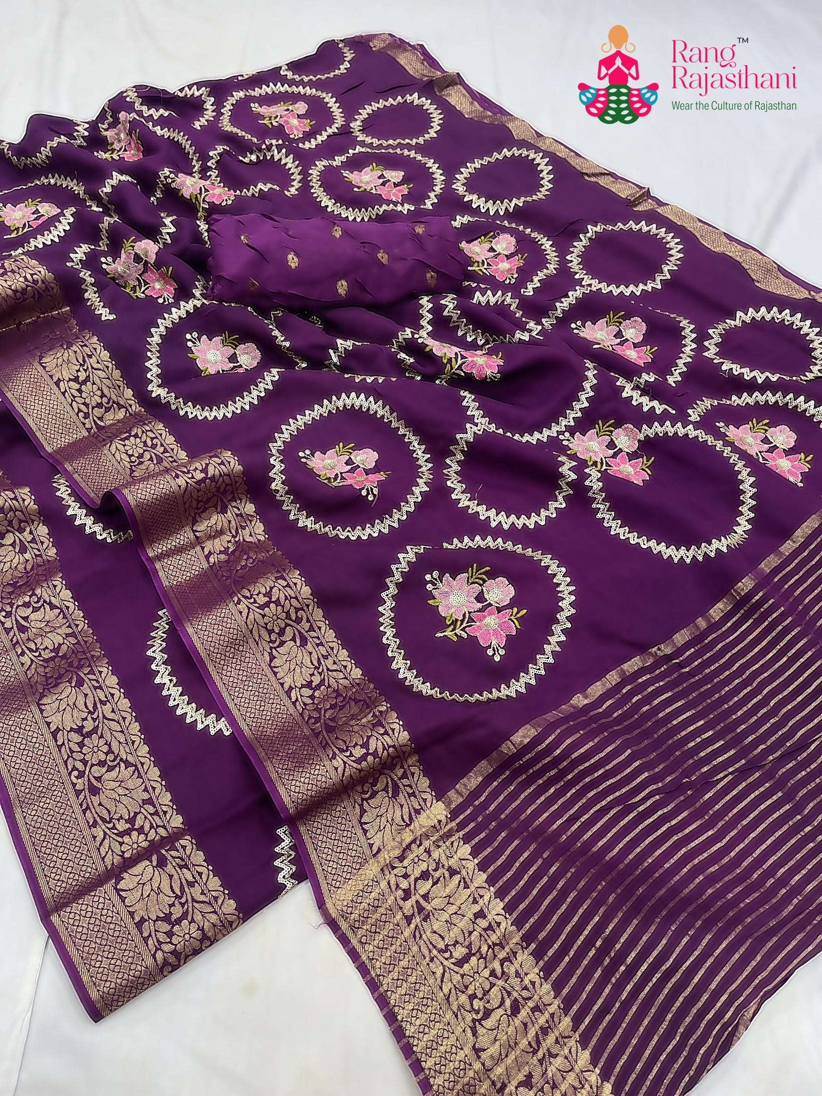 pallu detailing of purple pure Russian silk sequin saree 