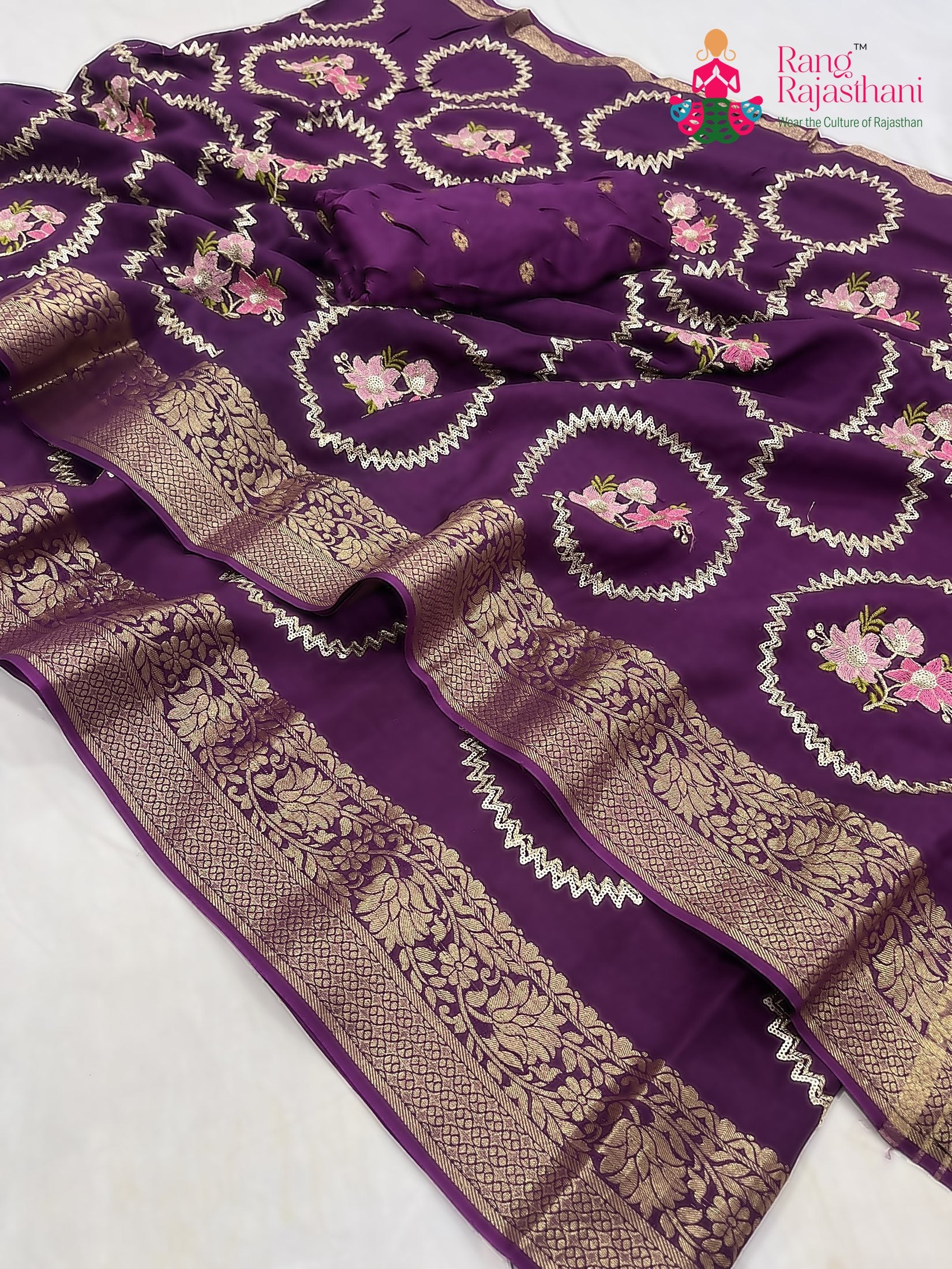 close up detailing of purple pure Russian silk sequin saree 