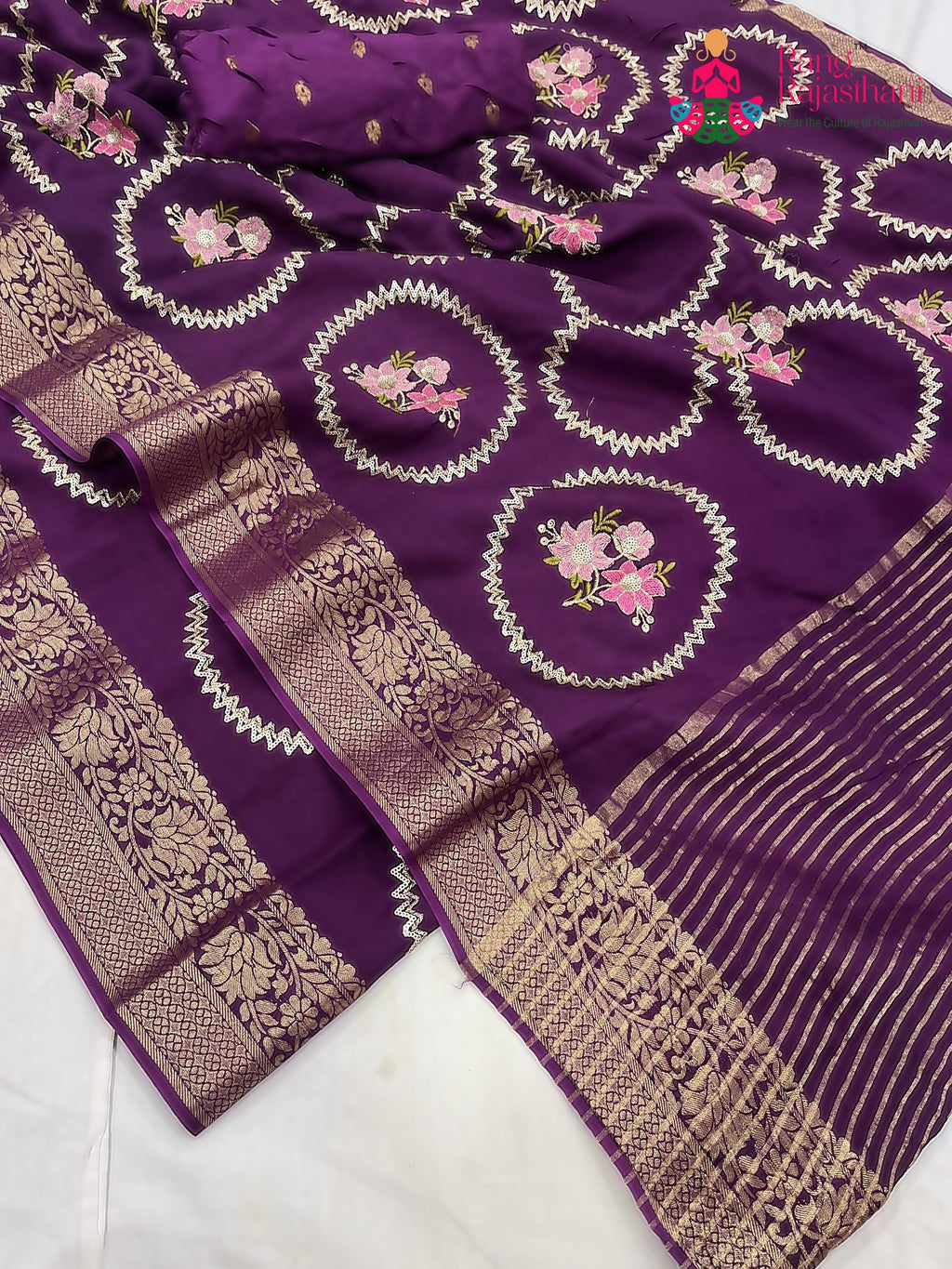purple pure Russian silk sequin saree for wedding guest wear by Rang Rajasthani