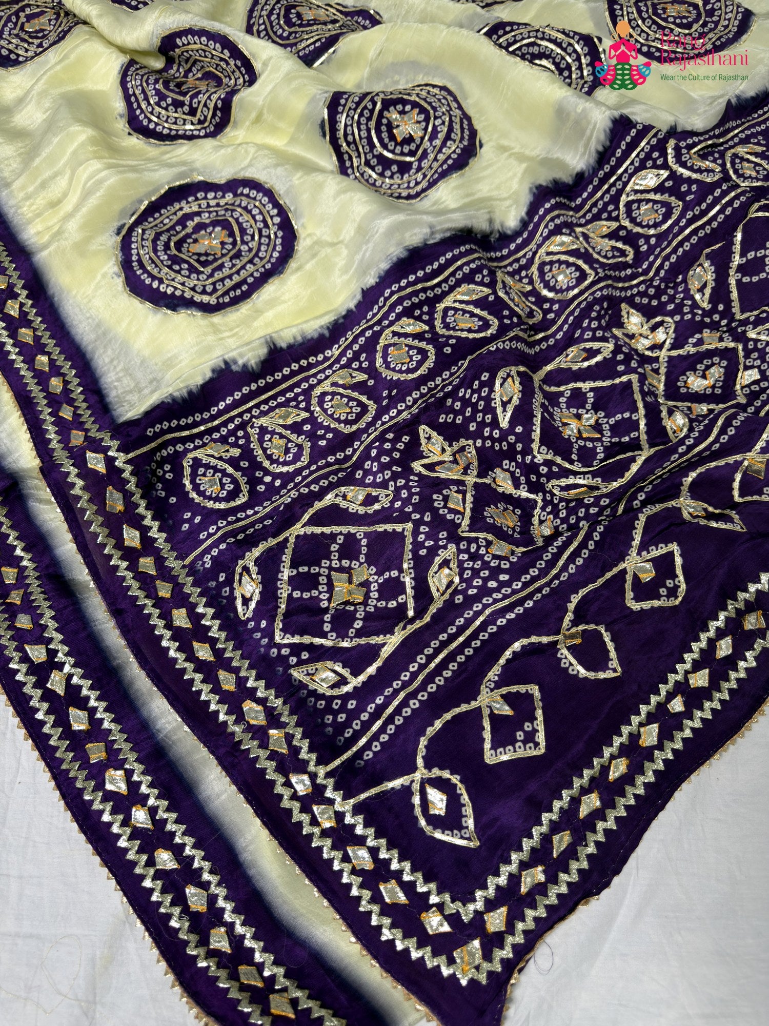close up view of purple pure tissue silk gota patti saree