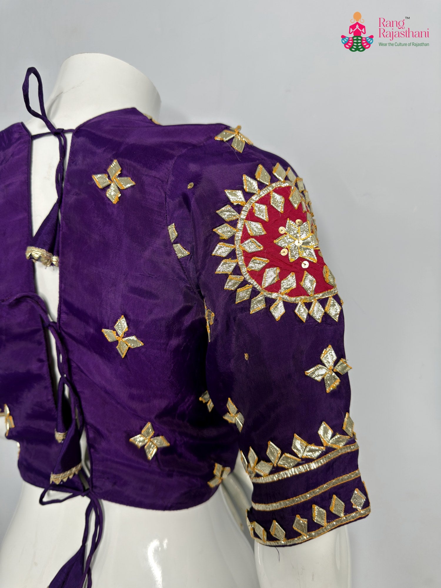 pallu detailing of purple pure upada silk gota patti blouse 3761
