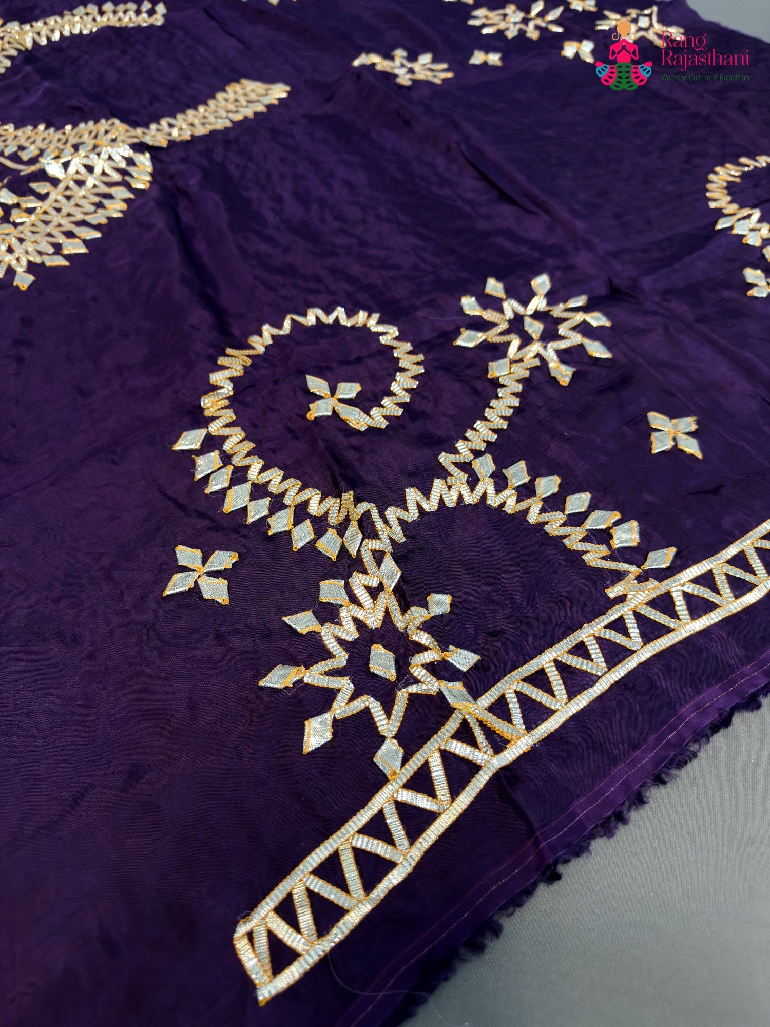 close up detailing of purple pure upada silk gota patti blouse 3804
