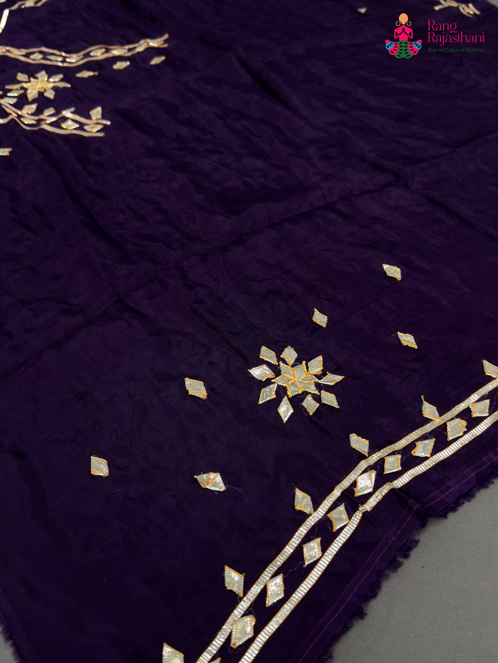 close up detailing of purple pure upada silk gota patti blouse 3810