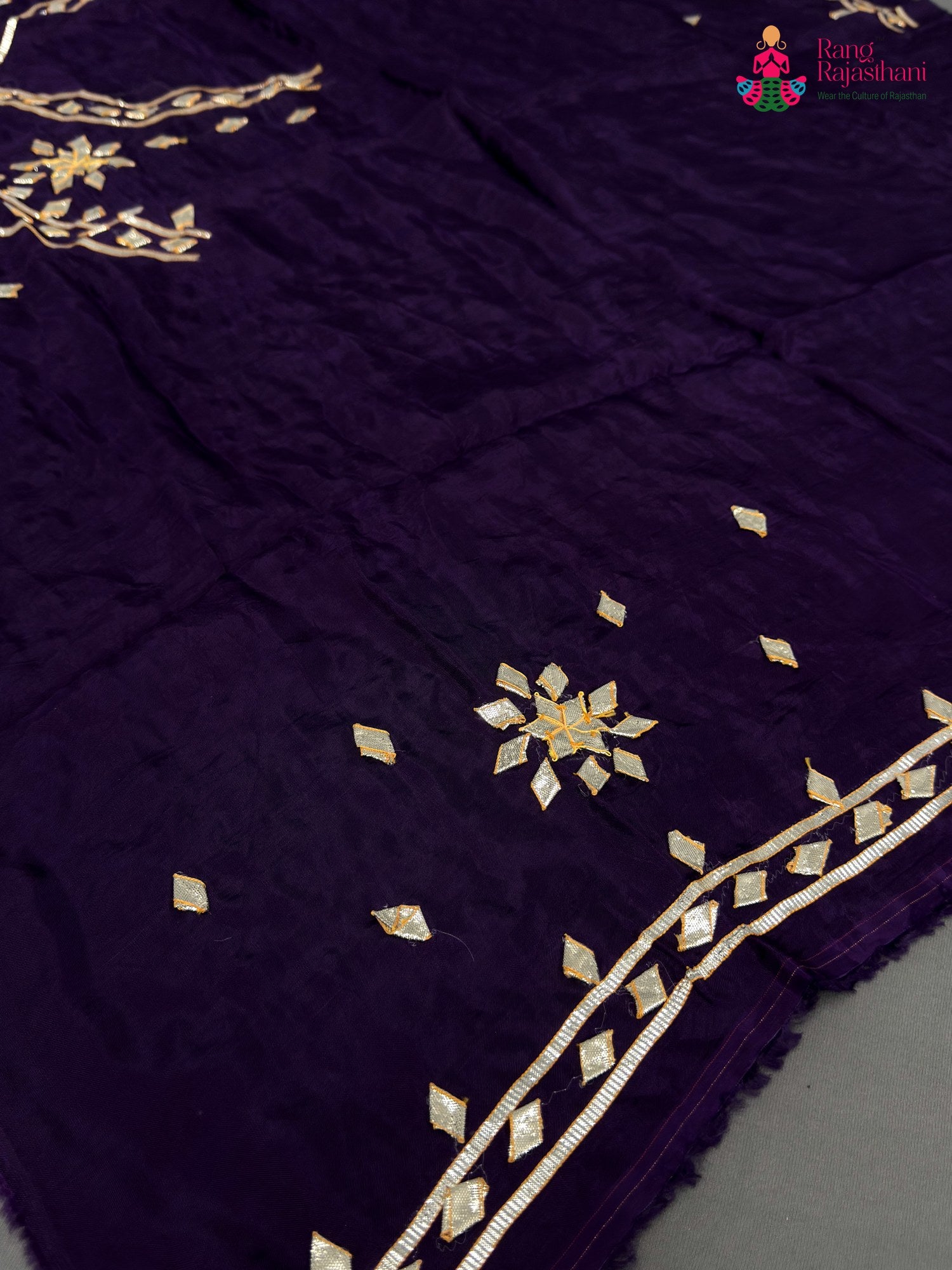 close up detailing of purple pure upada silk gota patti blouse 3810