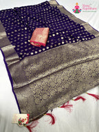 pallu detailing of purple soft georgette banarasi zari weave saree