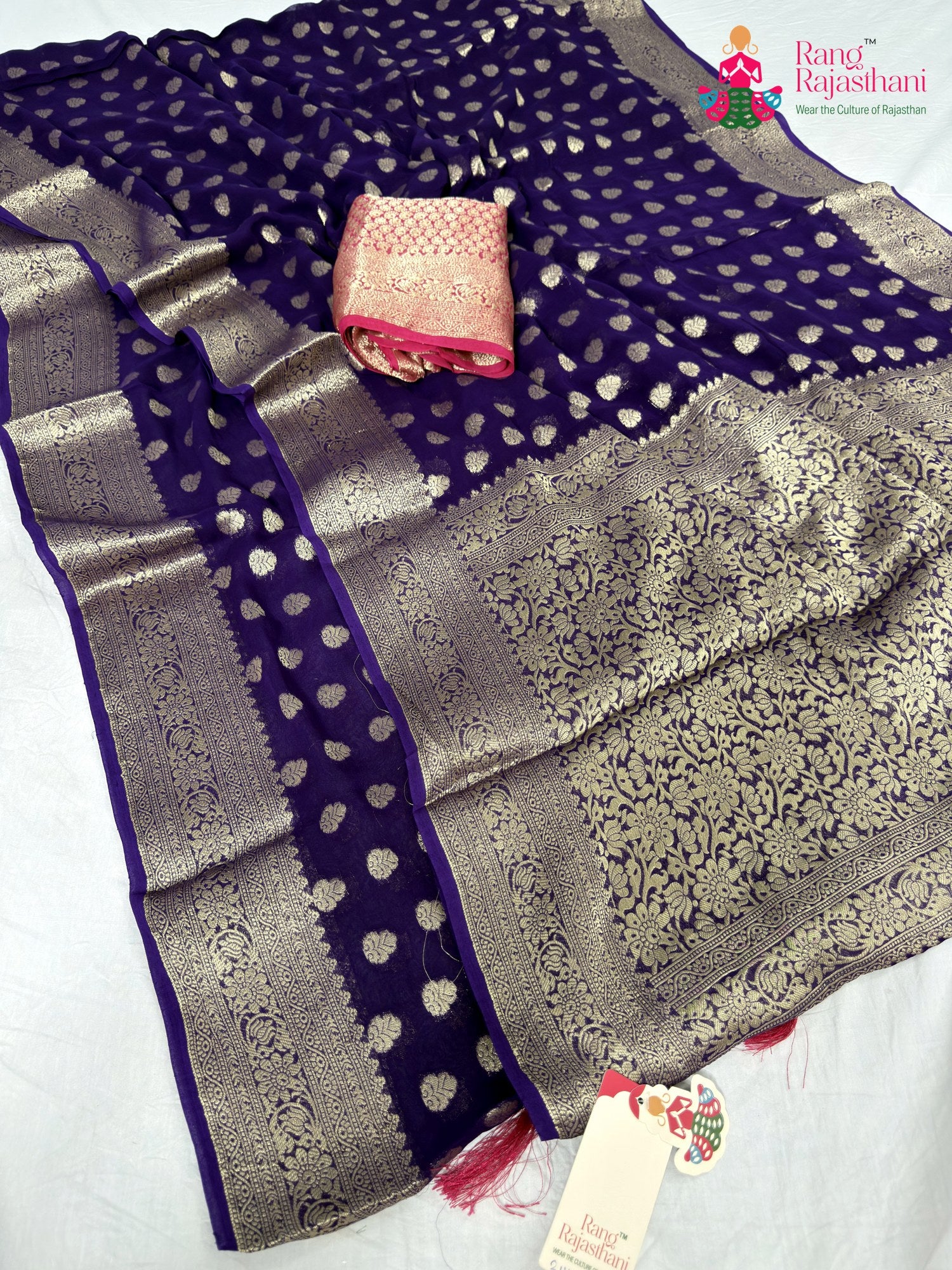 close up detailing of purple soft georgette banarasi zari weave saree