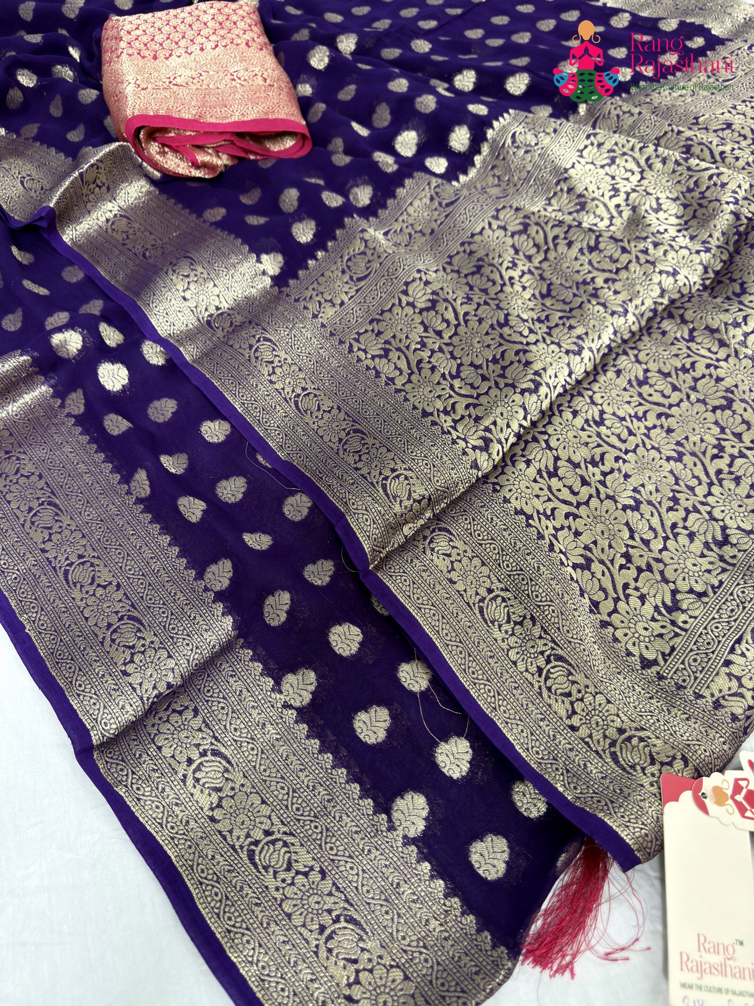 complete look of purple soft georgette banarasi zari weave saree