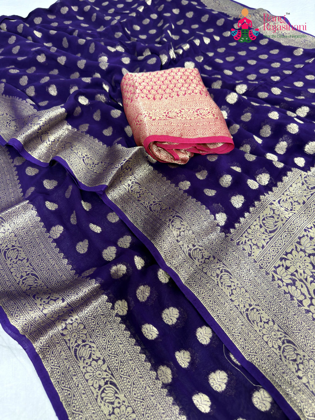border detailing of purple soft georgette banarasi zari weave saree