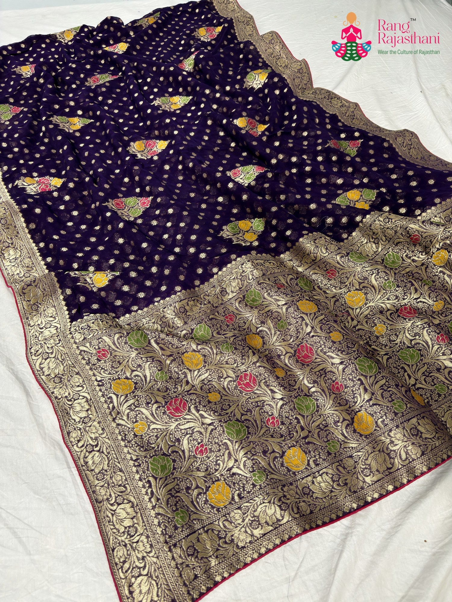 purple soft georgette meenakari zari saree for bridal wear by Rang Rajasthani