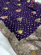 close up detailing of purple soft georgette meenakari zari saree