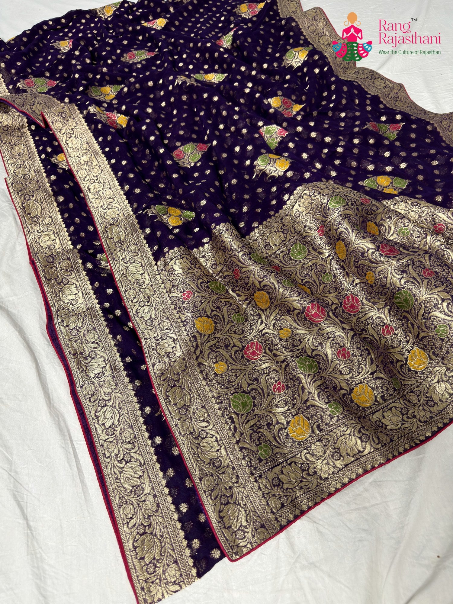 complete look of purple soft georgette meenakari zari saree