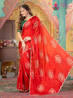 Red Pure Chinon saree with Weaving Bandhani With Cut Work back view