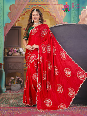 Red Chinnon Banarasi Zari Weave Saree for Wedding Guest | Latest Edit