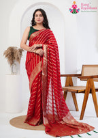 Red Pure Georgette Traditional Puja saree with Khaddi Work from Rang Rajasthani