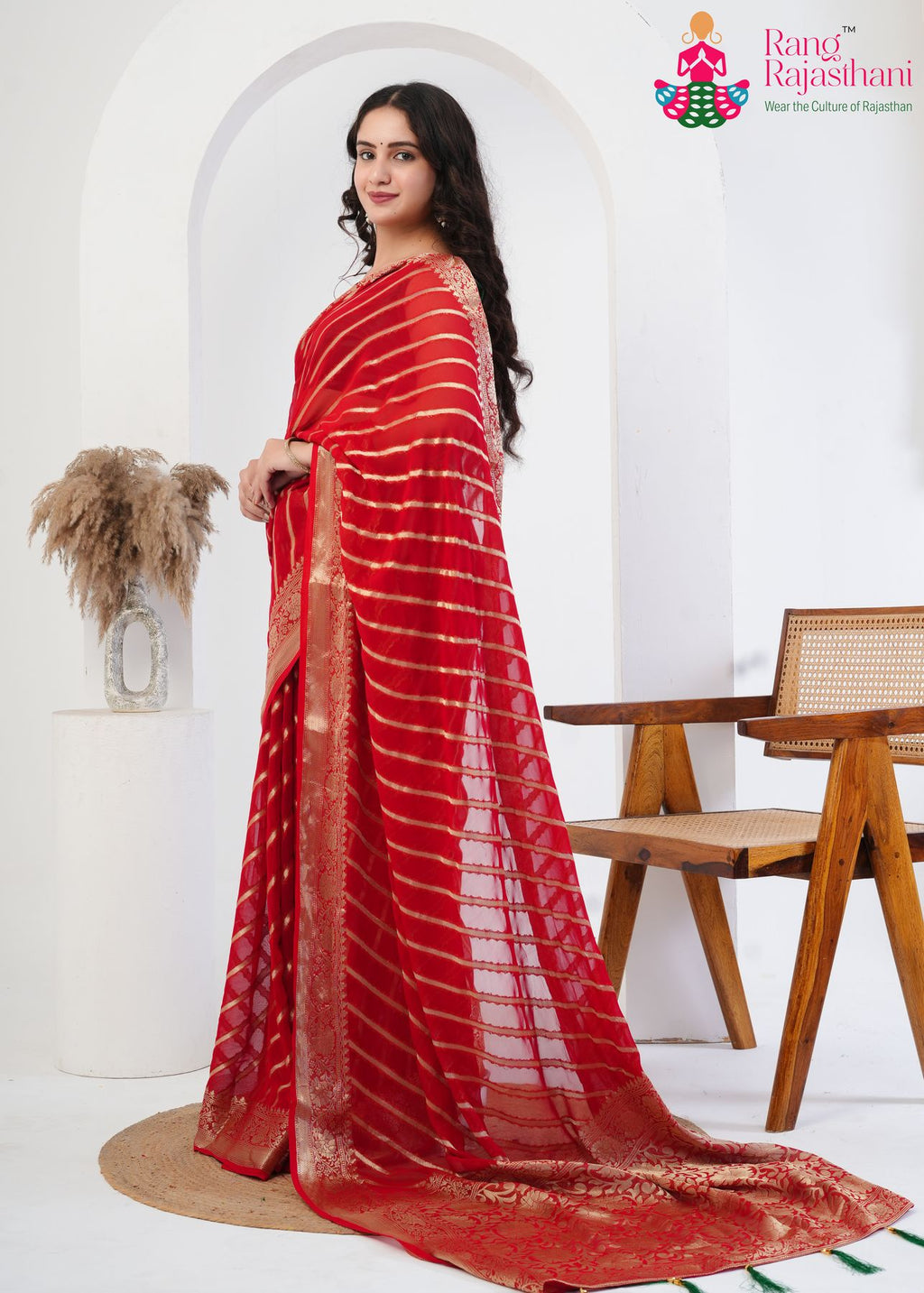Red Pure Georgette saree with Khaddi Work side drape view