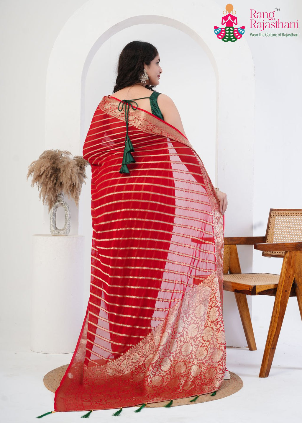 Red Pure Georgette saree with Khaddi Work back view