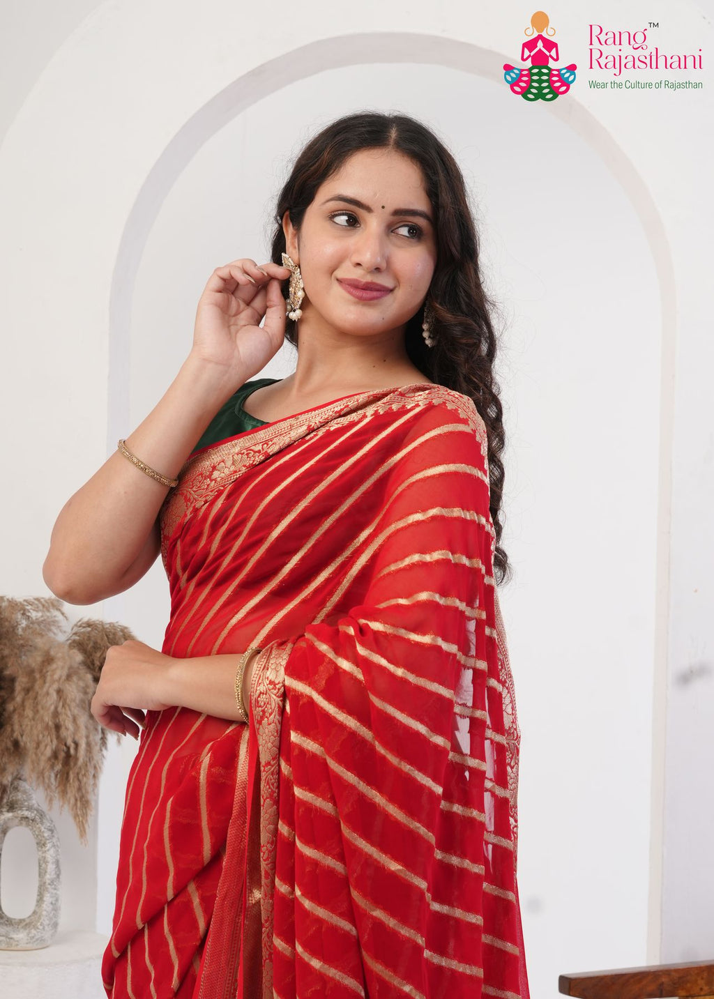 Red Pure Georgette saree with Khaddi Work close up detailing