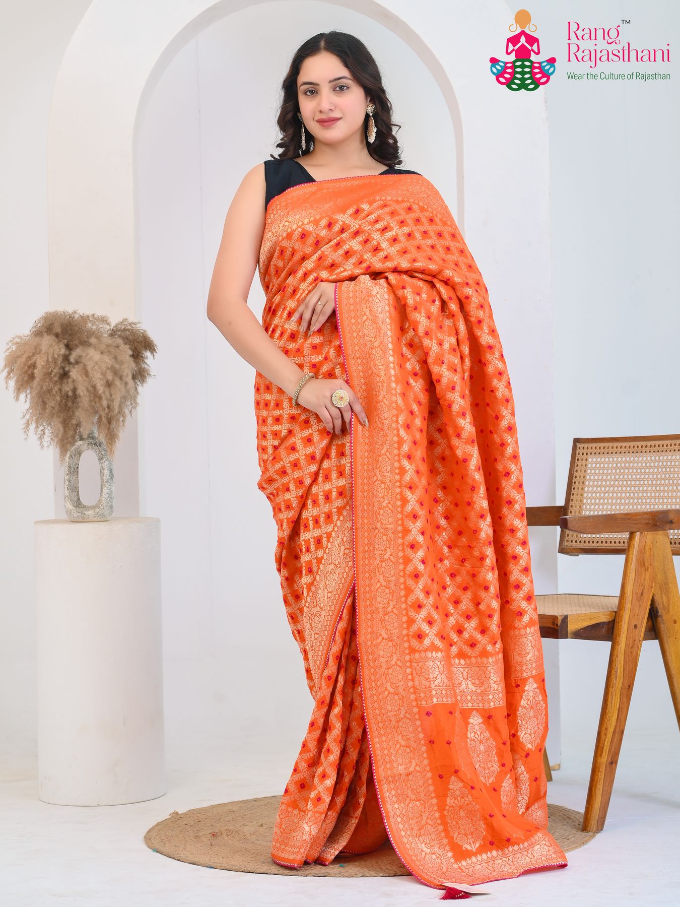 Orange Pure Dola Silk Ghatchola Bandhani Saree : Festive Brilliance