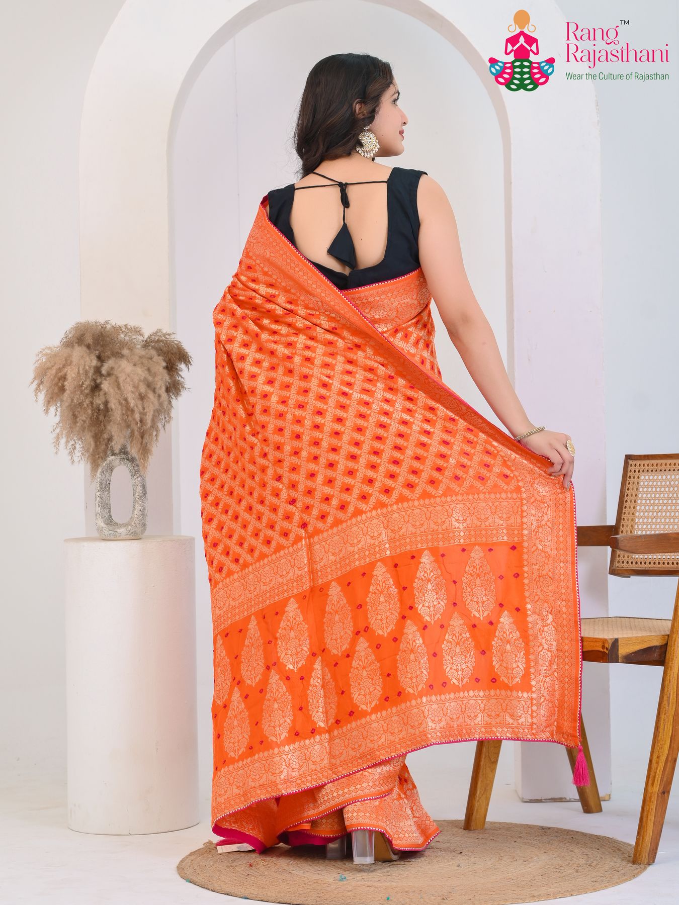 Orange Pure Dola Silk Ghatchola Bandhani Saree : Festive Brilliance