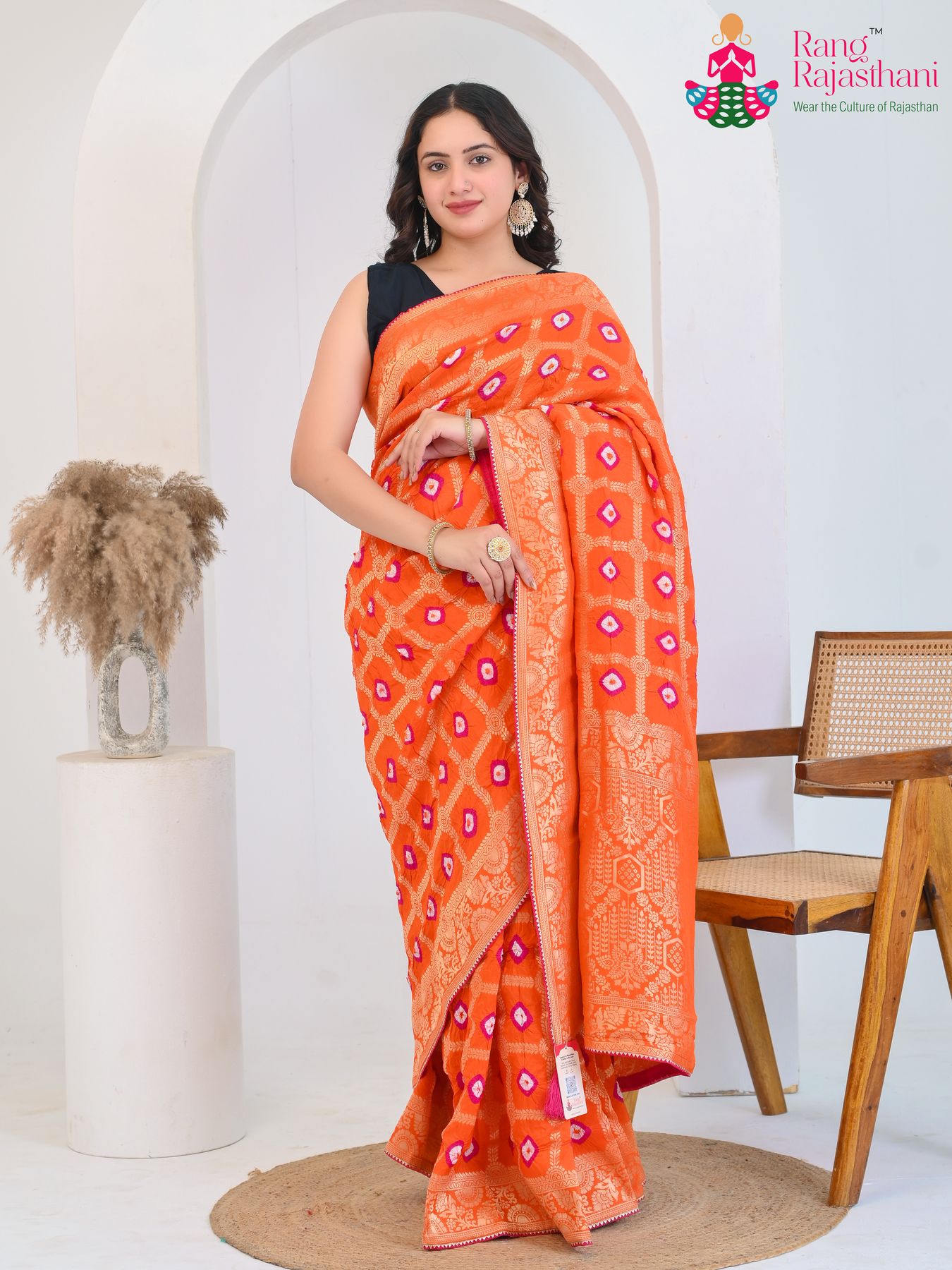 Rust Pure Dola Silk Ghatchola Laddu Bandhej Saree : Majestic Harmony