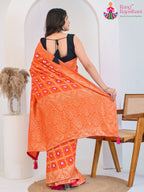 Orenge / Rust Pure Dola Silk saree with Bandhej &amp; Banarasi Zari back view