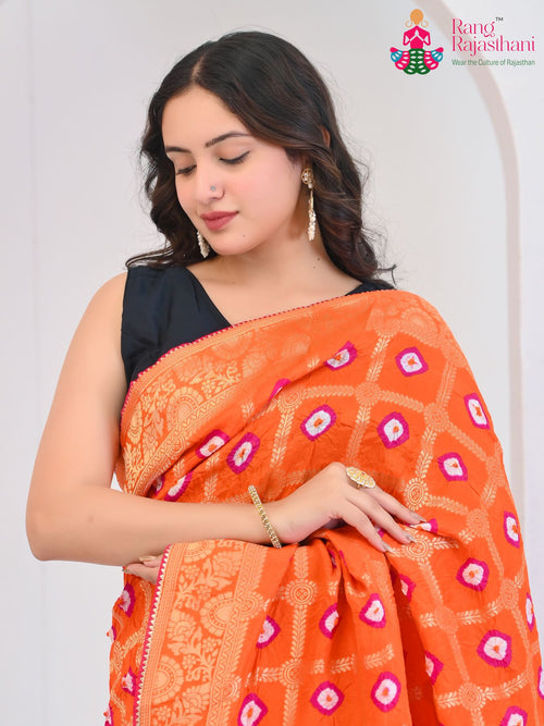 Orange Pure Dola Silk Hand Tie Dye Bandhani Gharchola Saree for Festive Celebration | Shop Online main-image