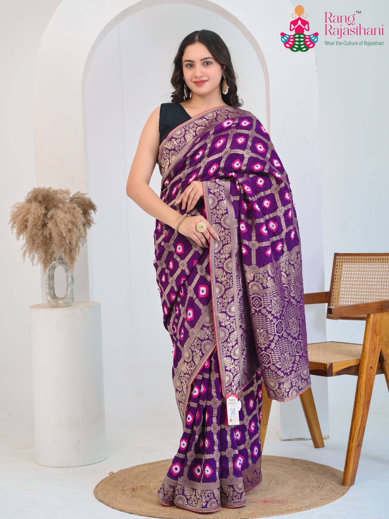 Violet Pure Dola Silk Ghatchola Laddu Bandhej Saree : Regal Allure