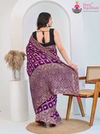 Voilet Pure Dola Silk saree with Bandhej Banarasi Zari Work back view