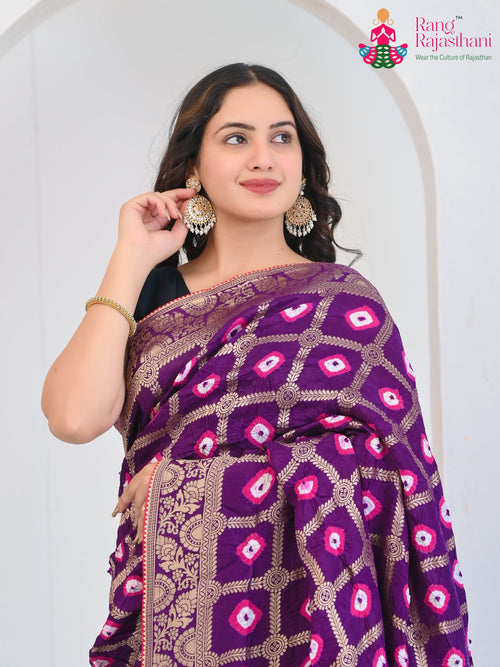 Purple Pure Dola Silk Hand Tie Dye Bandhani Gharchola Saree for Wedding Guest | Buy Now main-image