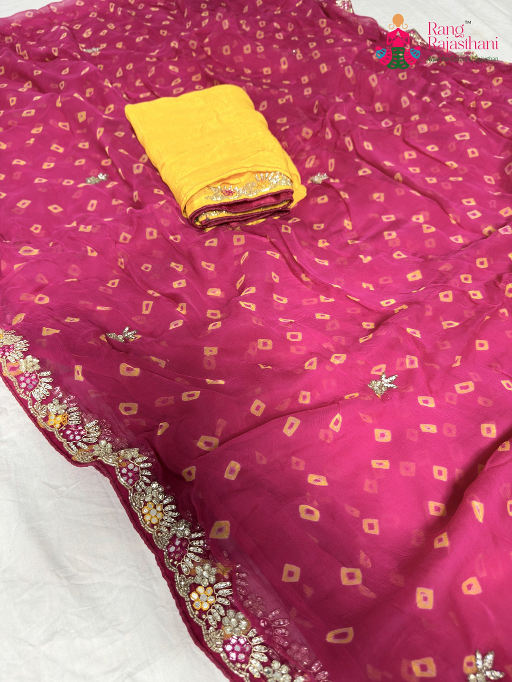 pallu detailing of rani chiffon hand embellishment saree
