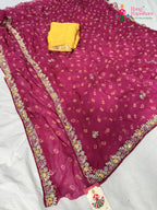 close up detailing of rani chiffon hand embellishment saree