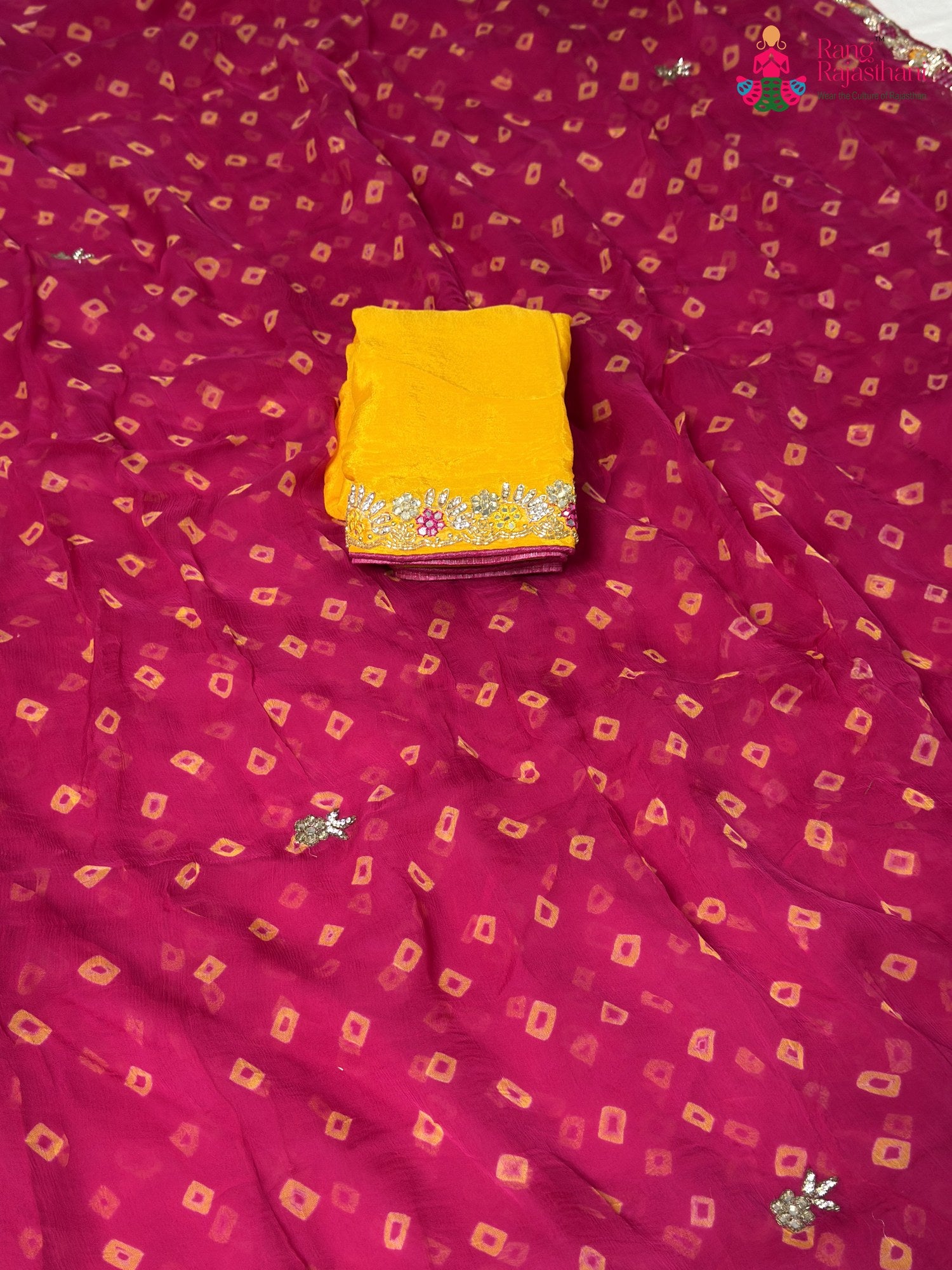 pallu detailing of rani chiffon hand embellishment saree