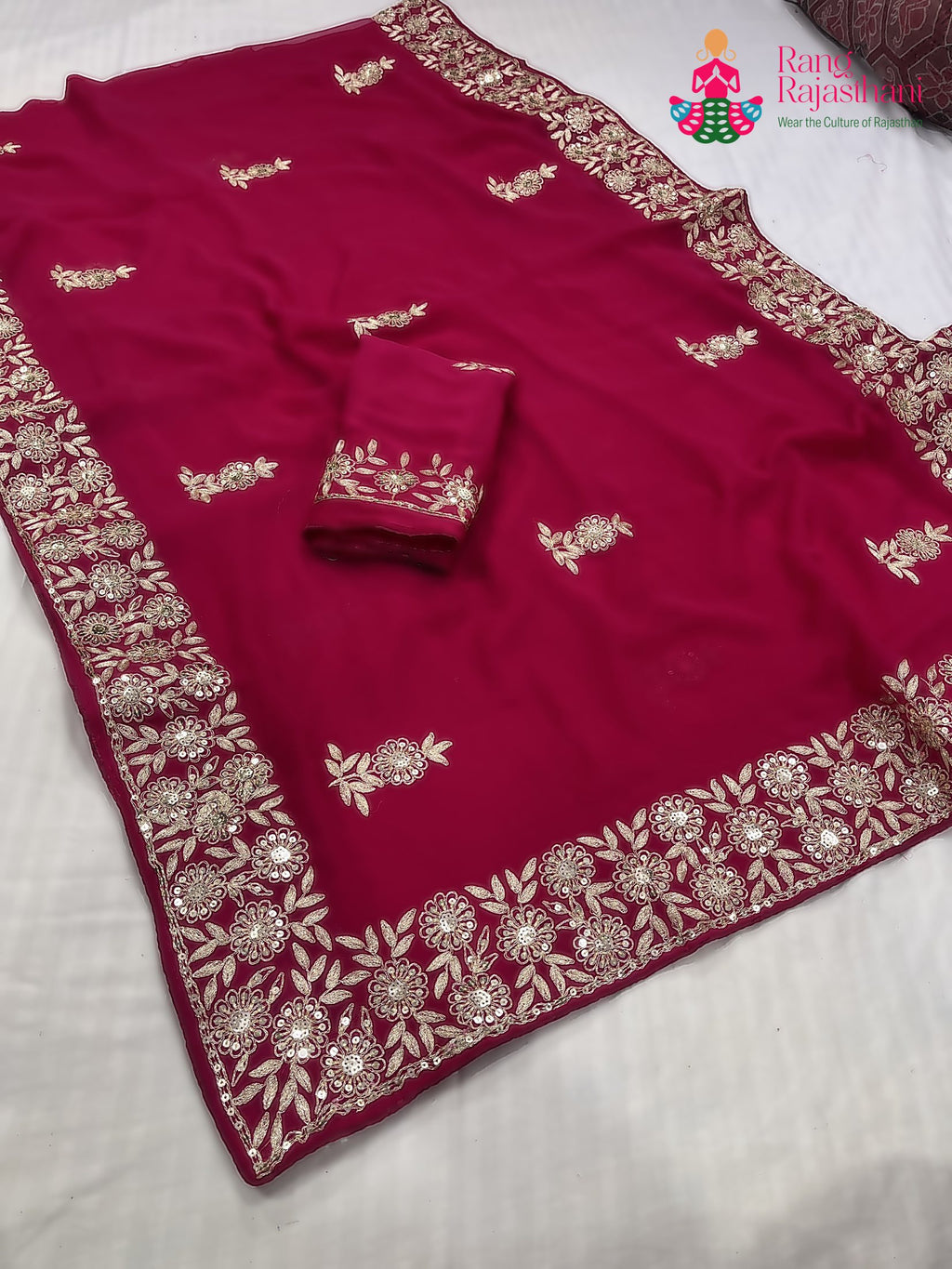 rani chiffon zari embroidery saree for mehendi ceremony by Rang Rajasthani