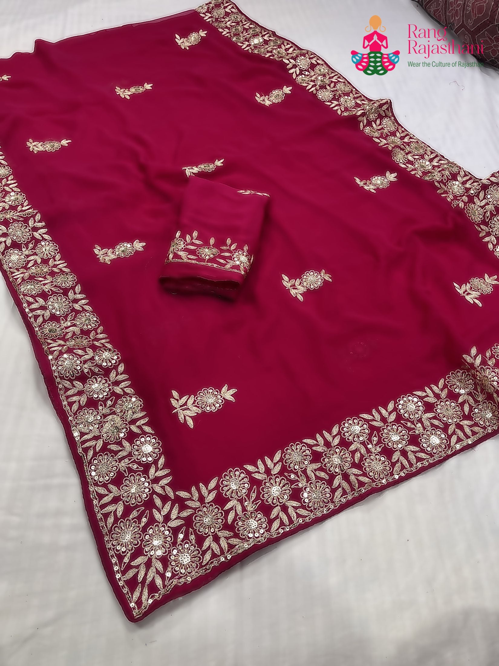rani chiffon zari embroidery saree for mehendi ceremony by Rang Rajasthani