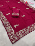 pallu detailing of rani chiffon zari embroidery saree