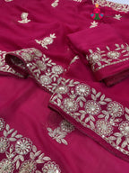 border detailing of rani chiffon zari embroidery saree