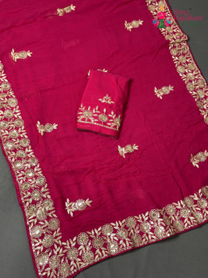 Rani Chiffon Zari Embroidery Saree for Mehendi Ceremony | Style Edit